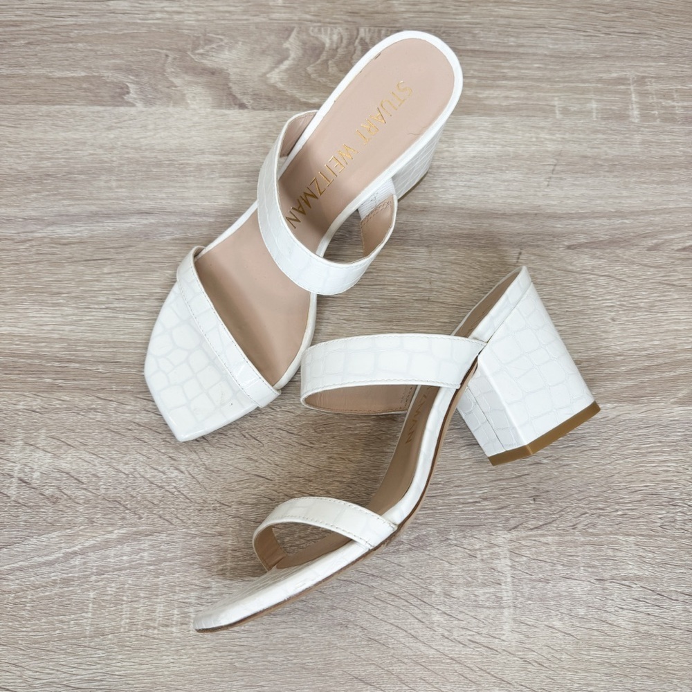 Stuart Weitzman White Croc-Embossed Block Heels Sandals Size 8